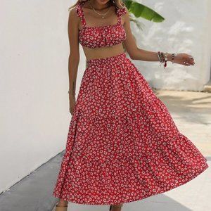 Red Ditsy Floral Print Cami Top & maxi Skirt Set